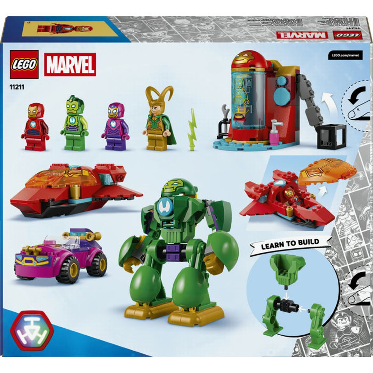 Set LEGO Marvel con Iron Man, Loki, Hulkbuster e veicoli. Impara a costruire mostrato.