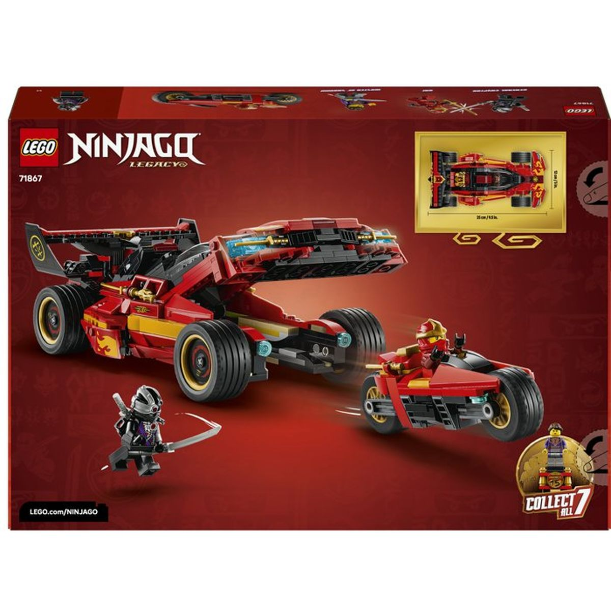Caja Lego Ninjago muestra coches de carreras rojos y amarillos y minifiguras.
