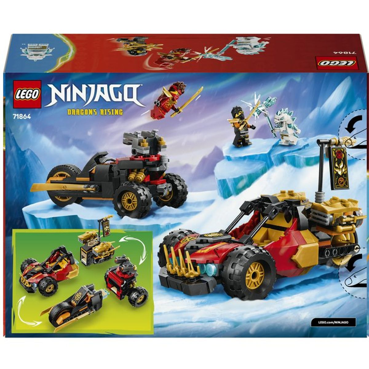 Set LEGO Ninjago con dos vehículos, minifiguras y un paisaje helado.