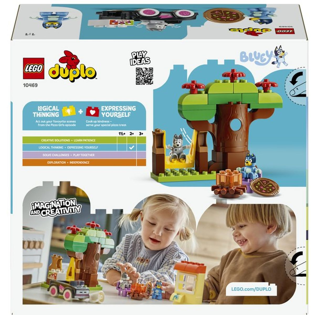 Caja de juguetes Lego Duplo Bluey con casa del árbol, figuras y pizza.