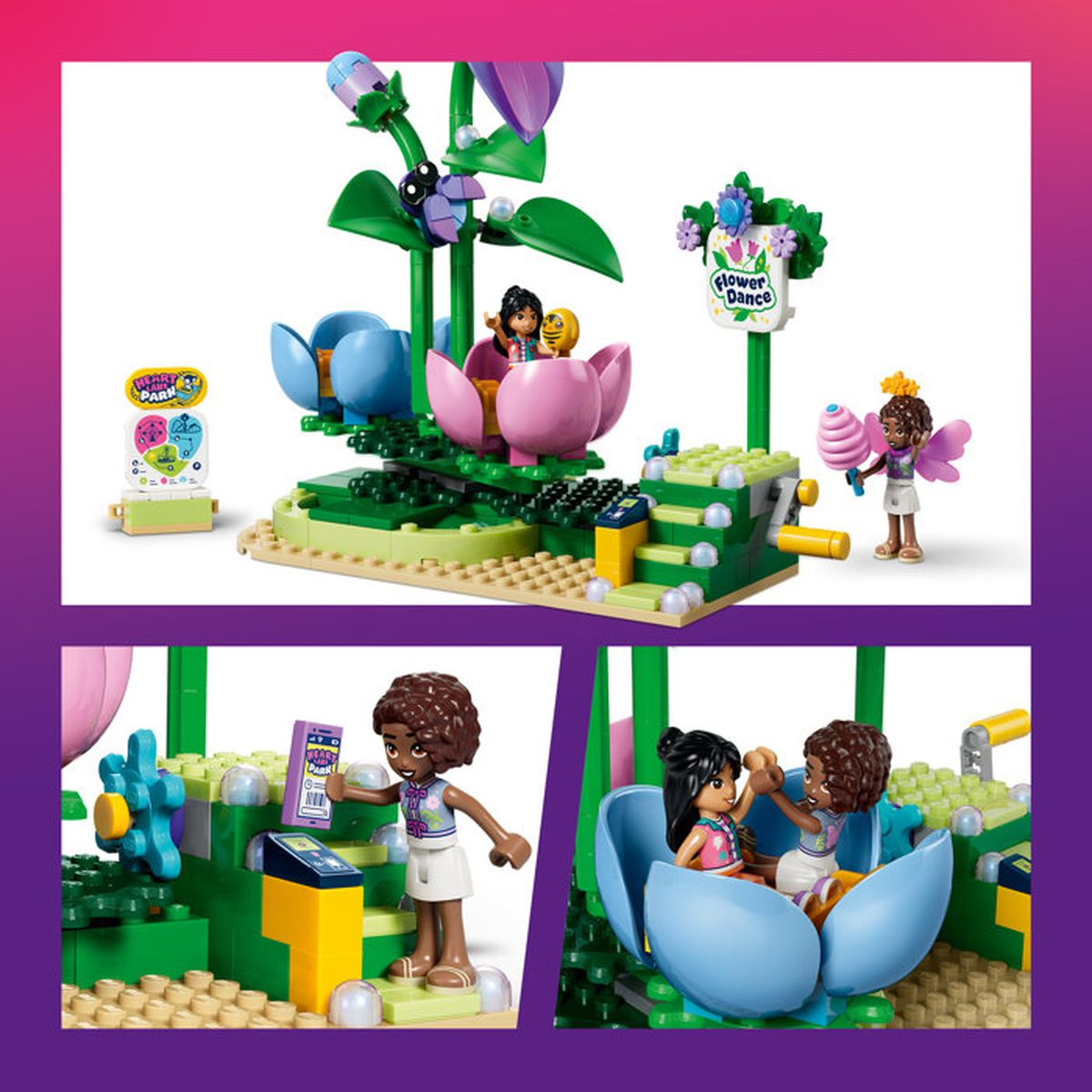 Figuras de Lego en un entorno de flores y parque con algodón de azúcar.