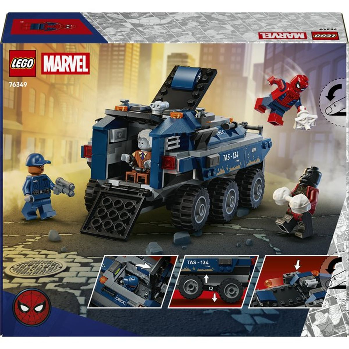 Set Lego Marvel Spider-Man con figure e un veicolo tattico blu.