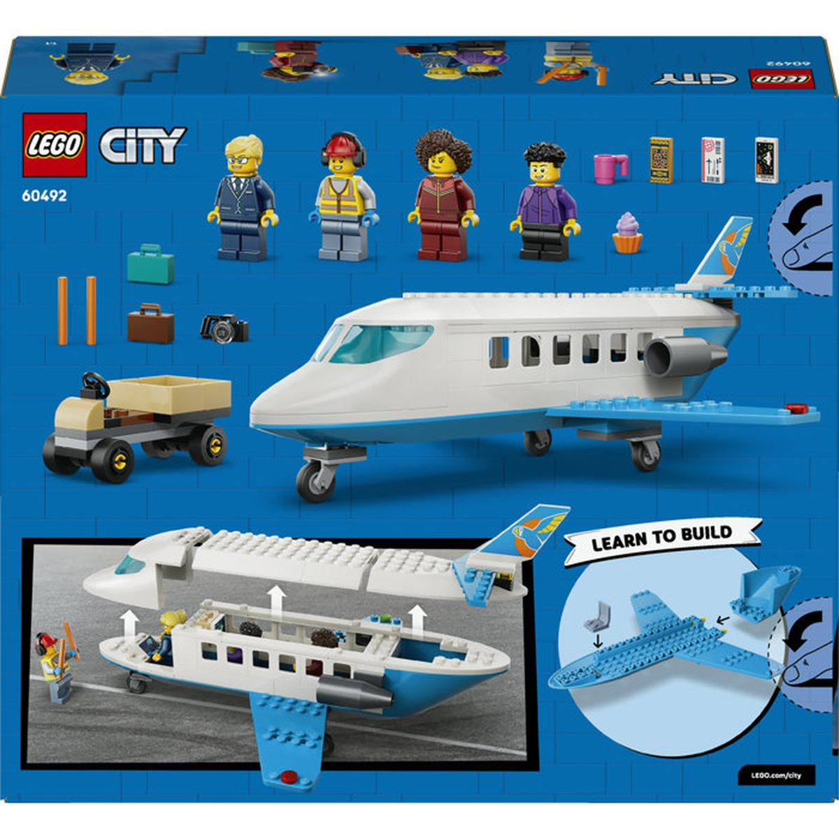 LEGO City uçak seti figürler, bagaj arabası ve yapım talimatları ile.