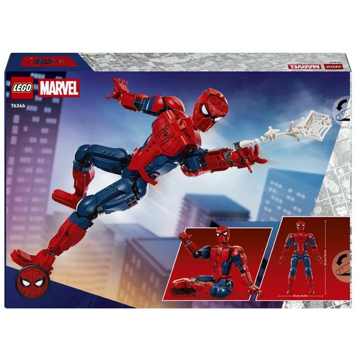 Action figure di Spiderman Lego Marvel a mezz'aria, lancia una ragnatela, con edifici cittadini sullo sfondo.