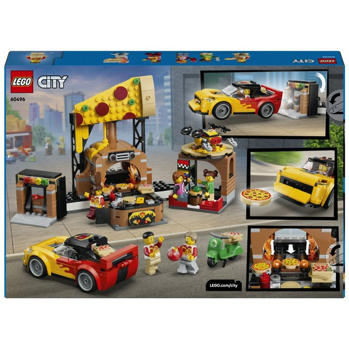 Set LEGO City Pizza: Puesto de pizza, coches, moto y figuras sobre fondo gris.