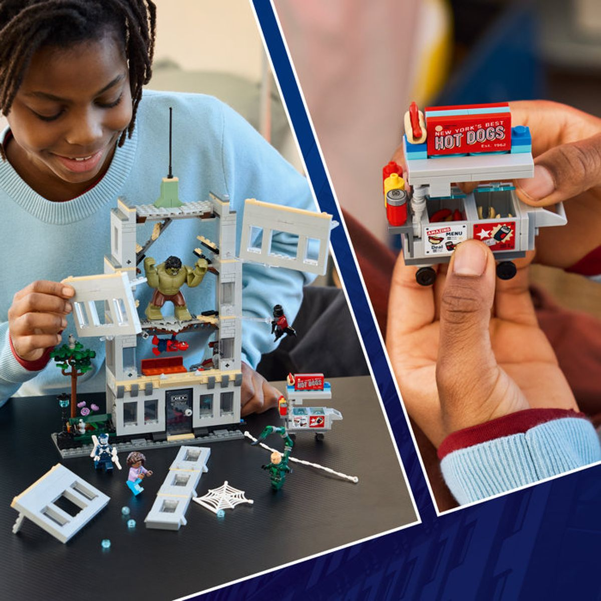 Niño construye edificio Lego con Hulk y Spider-Man. Sosteniendo un carrito de hot dogs.