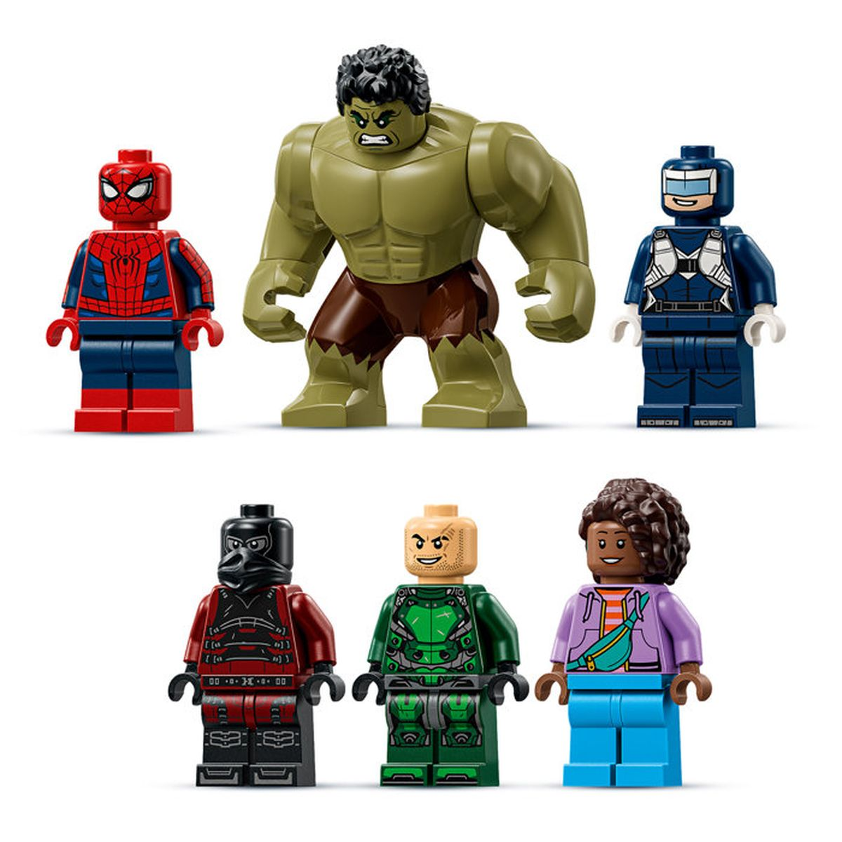 Figuras LEGO: Spiderman, Hulk, personaje azul, personaje negro, personaje verde, niña.