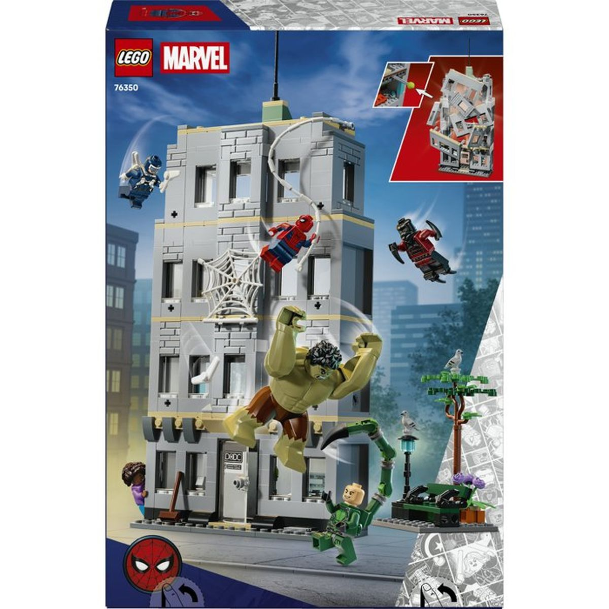 Set Lego Marvel: Hulk, Spiderman y Venom luchan frente a un edificio.