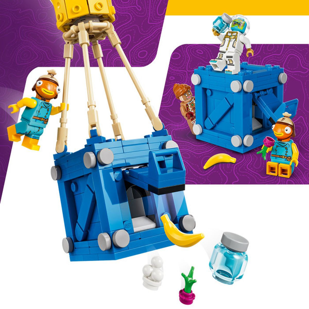 Personaggi Lego con cassa blu e gru gialla su sfondo viola.