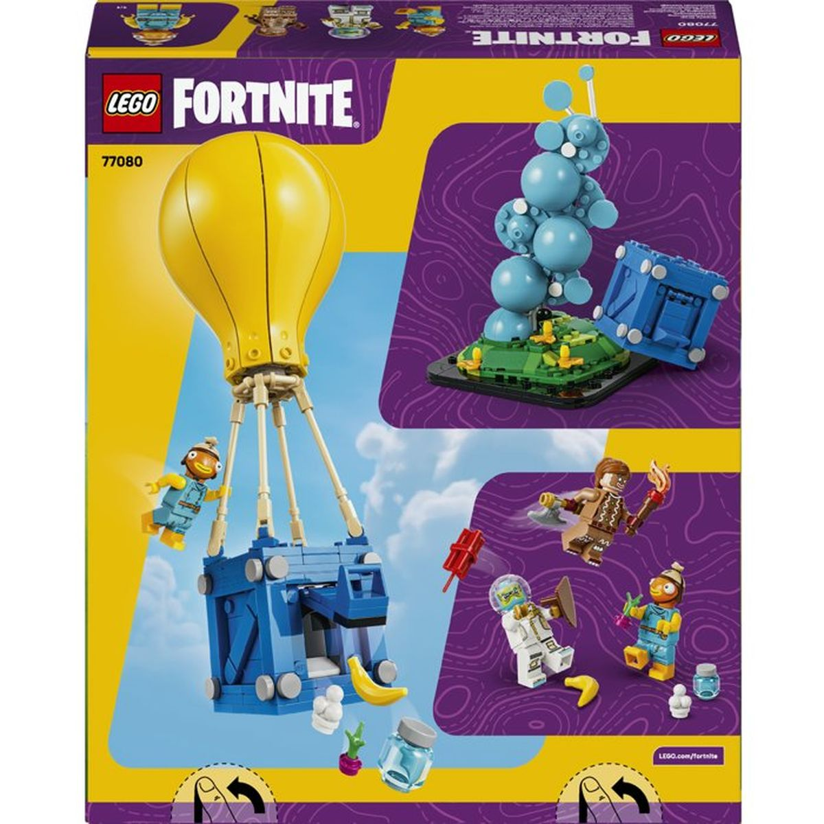 Set LEGO Fortnite: Pallone giallo con scatola blu, figure e accessori.