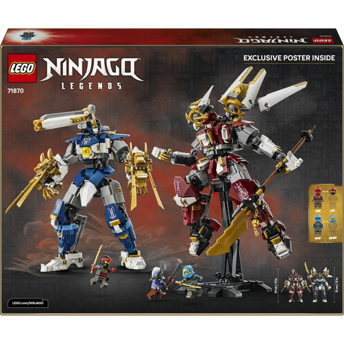 Dos mechs Lego Ninjago, uno azul y otro rojo, con minifiguras.