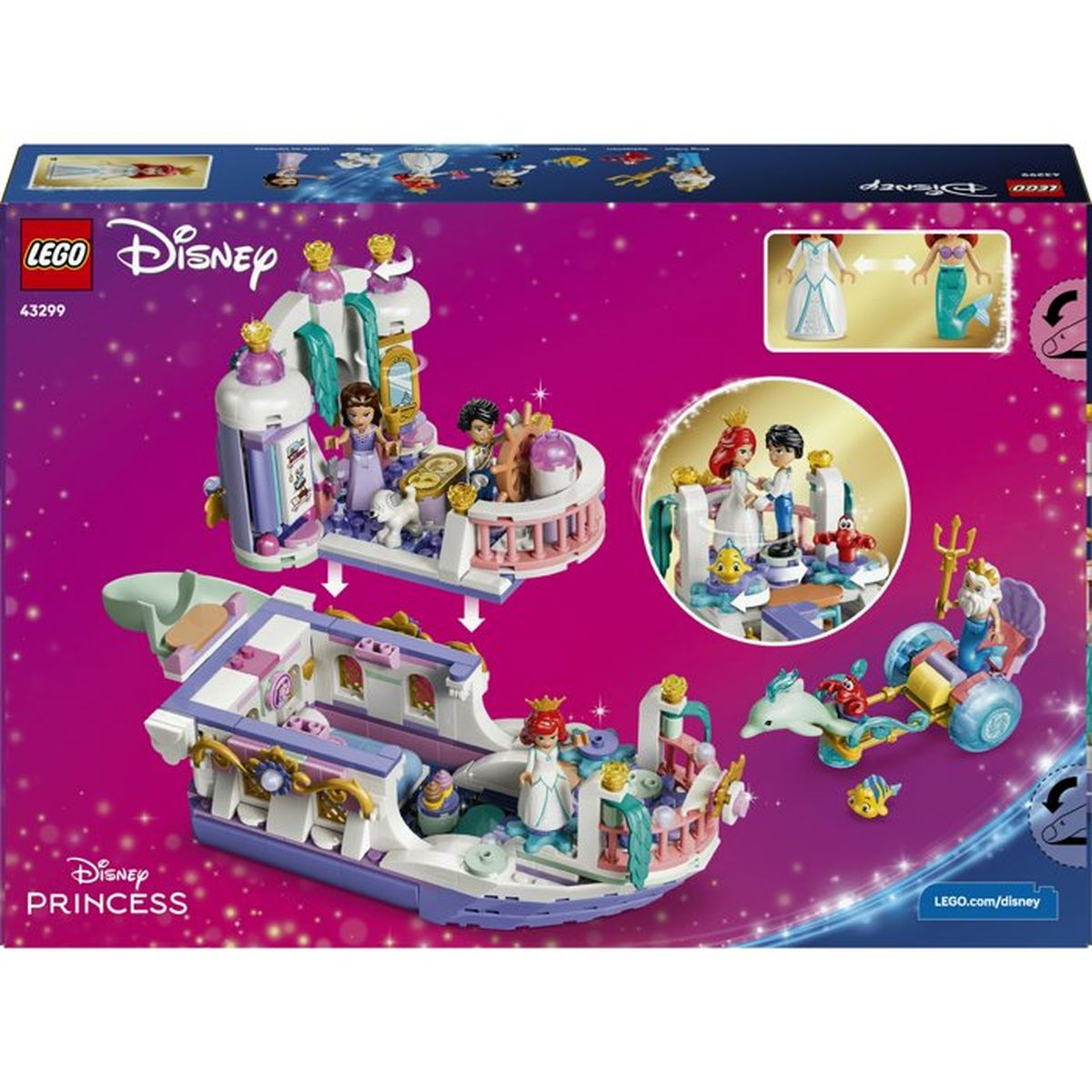 Zestaw LEGO Disney Princess z postaciami, zamkiem i statkiem na fioletowym tle.