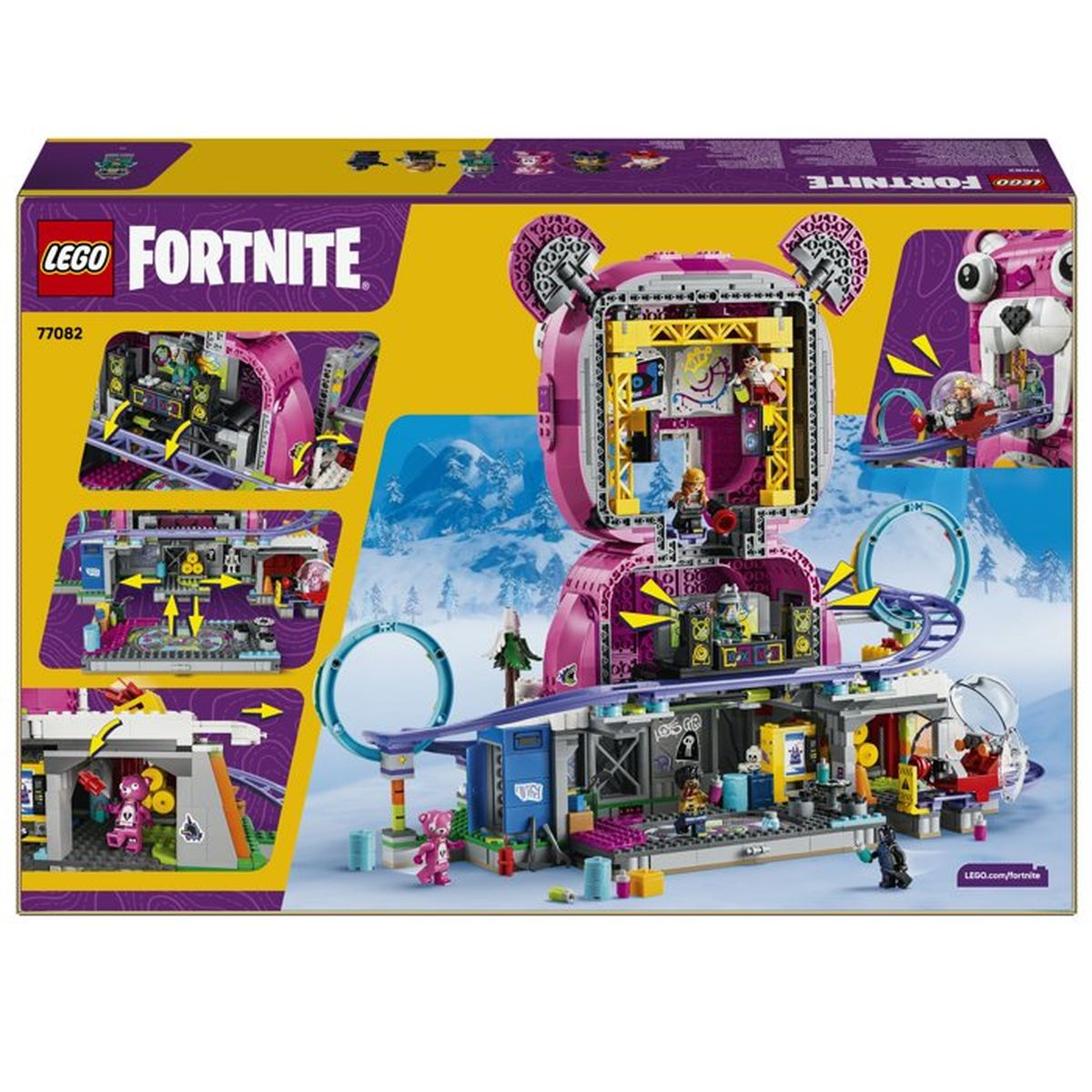 Pembe ayılı, lunapark trenli ve karlı manzaralı Lego Fortnite oyun seti.