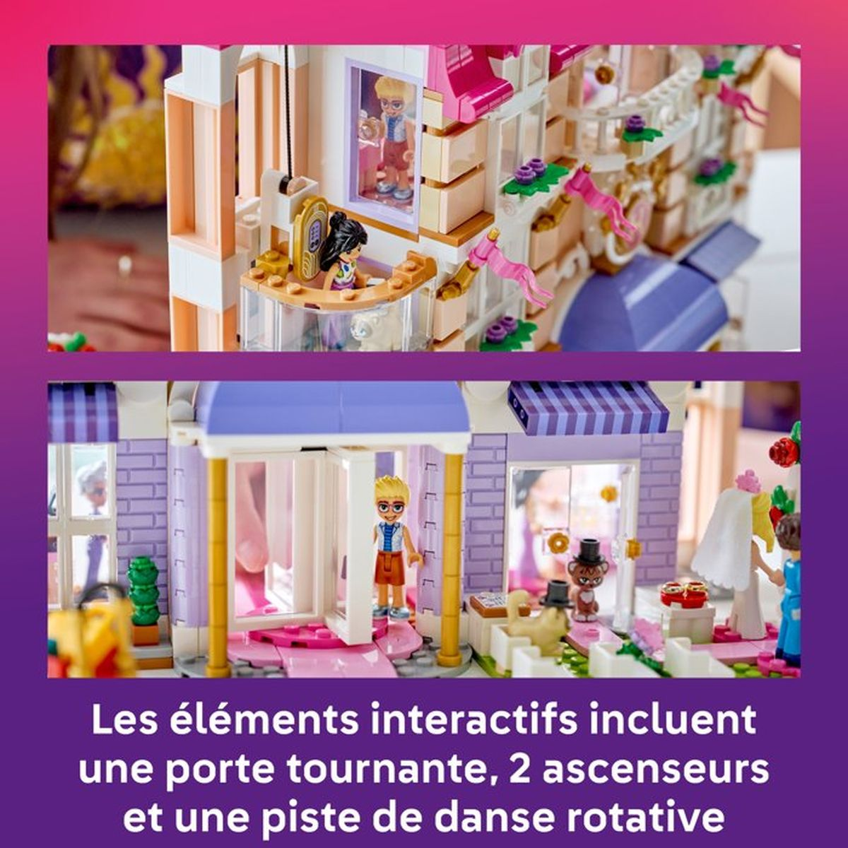 Modello di edificio LEGO con figure, porta girevole e finestre.