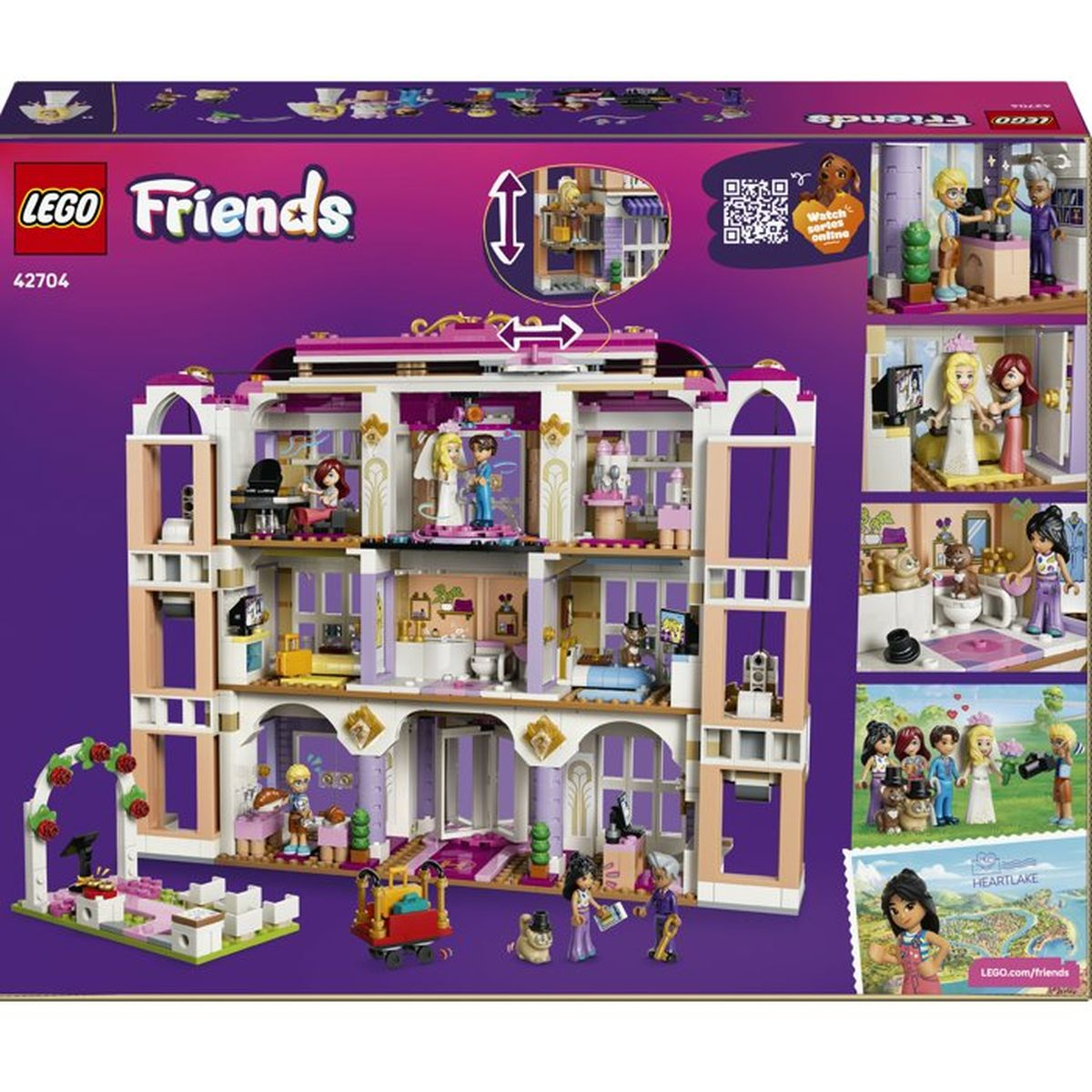 Casa Lego Friends con figure e accessori, colori rosa e viola.