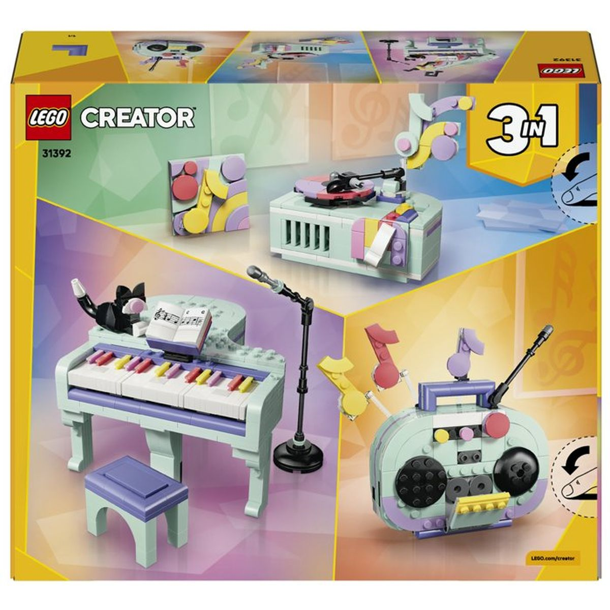 Caja LEGO Creator mostrando piano, tocadiscos y boombox. Tema musical.