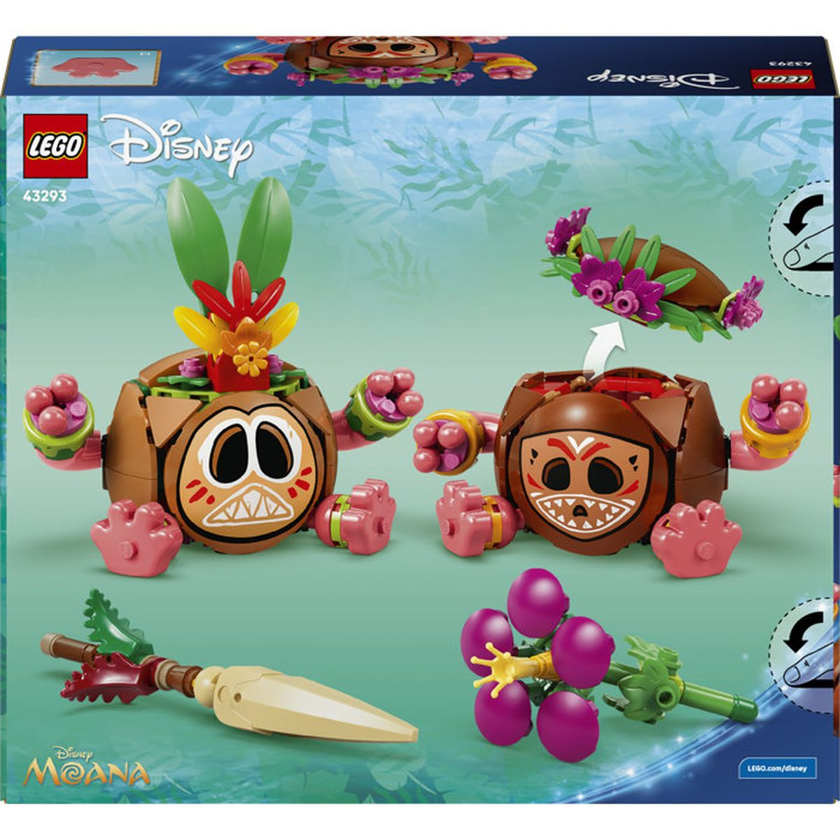 Set LEGO Disney Moana 43293 con dos figuras de coco, una lanza y bayas.