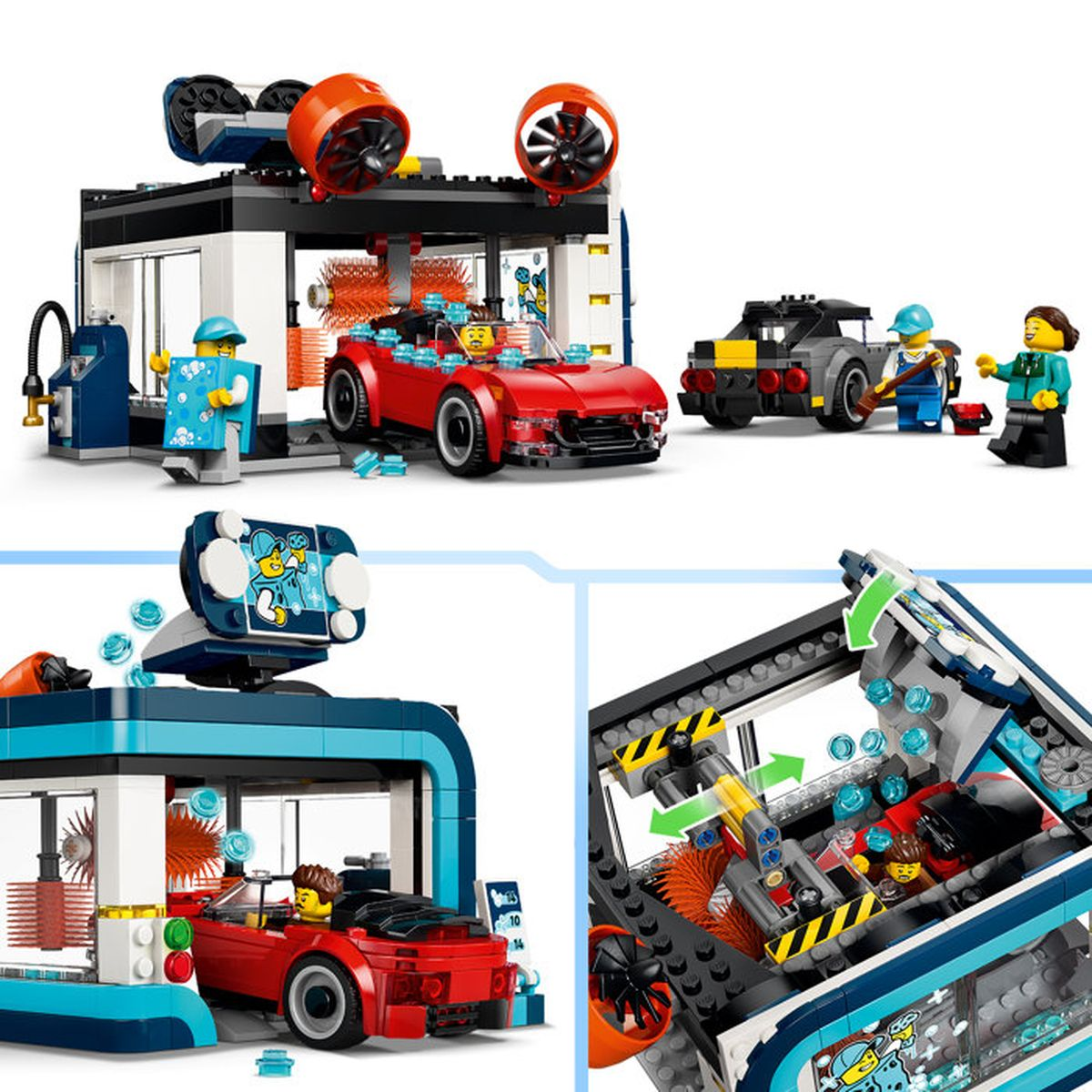 Giocattolo Lego: Un'auto rossa attraversa un autolavaggio con personaggi.