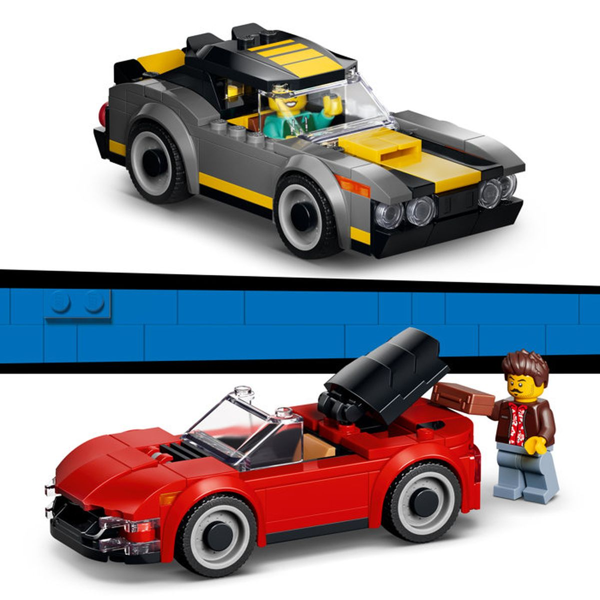 Due macchine Lego: un'auto sportiva grigia a strisce gialle e una decappottabile rossa.