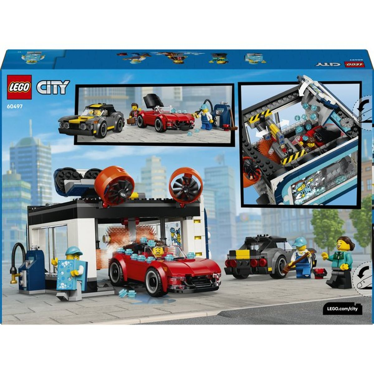 Autolavaggio giocattolo LEGO City con auto e figure rosse e grigie.