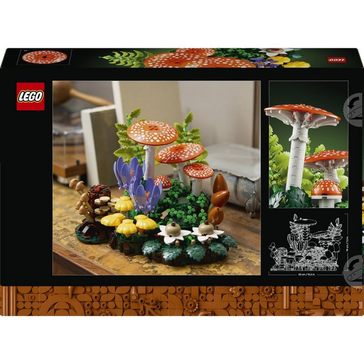 Set Lego con funghi rossi, crochi viola e fiori gialli su sfondo di legno.