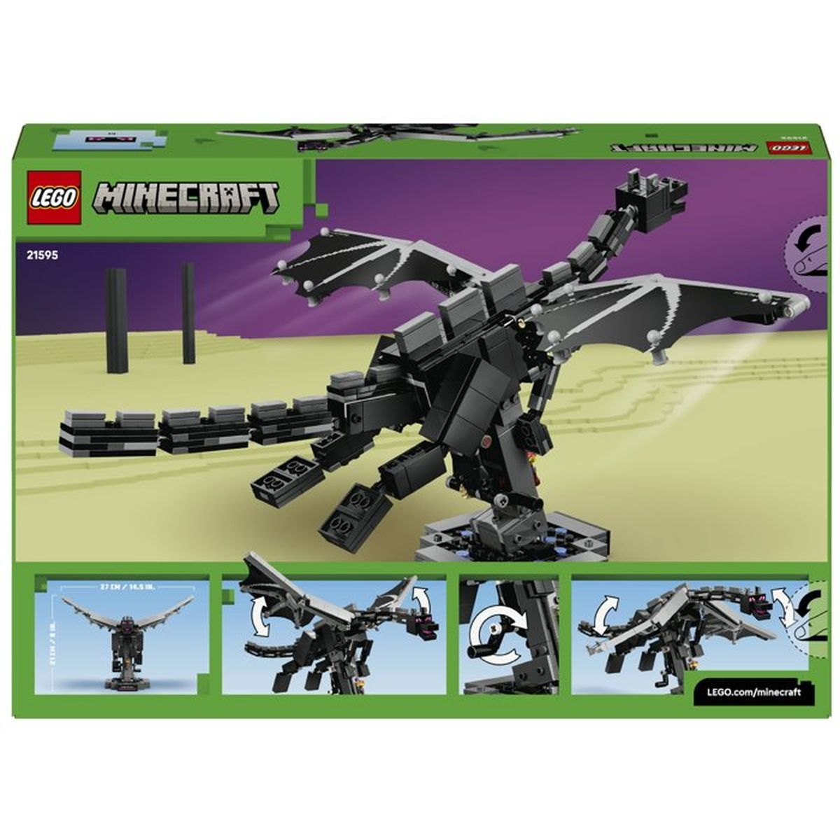 Kit di costruzione Lego Minecraft Drago dell'End sulla confezione con varie viste.