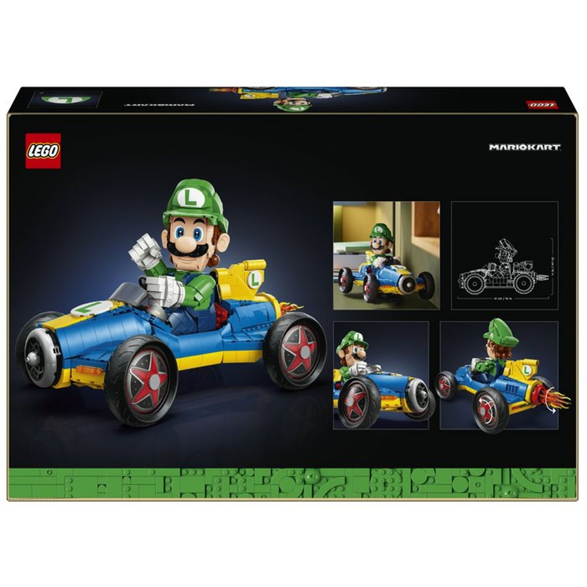 Luigi in un go-kart blu e giallo con ruote rosse su sfondo nero.