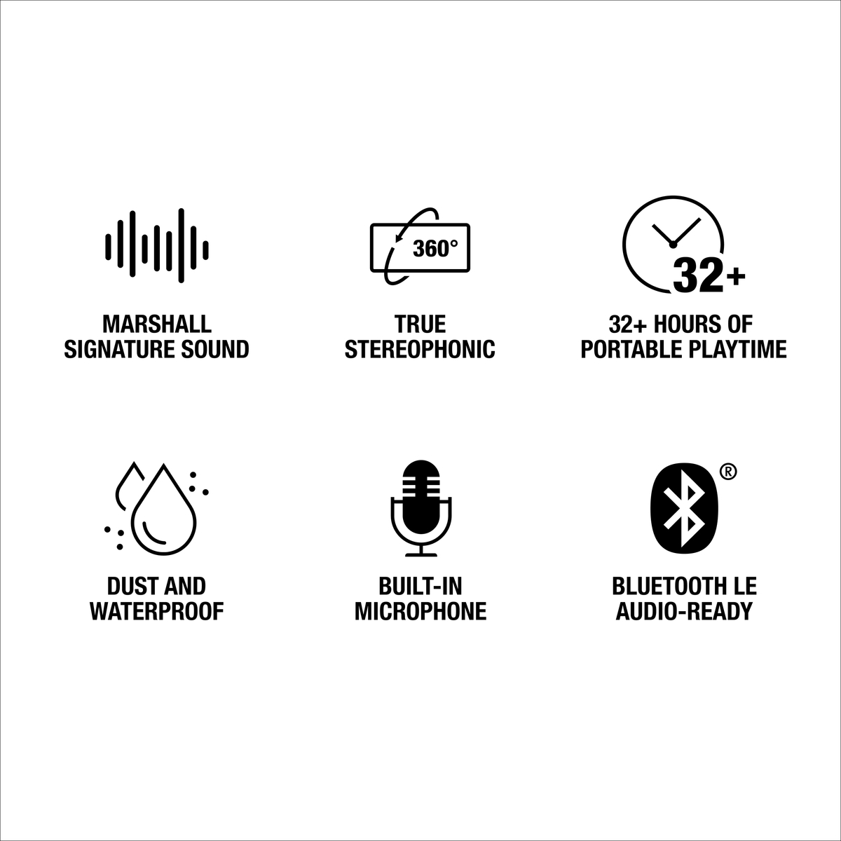 Symbole: Marshall Sound, 360 Grad Stereo, 32 Std. Akkulaufzeit, staub-/wasserdicht, Mikrofon, Bluetooth.