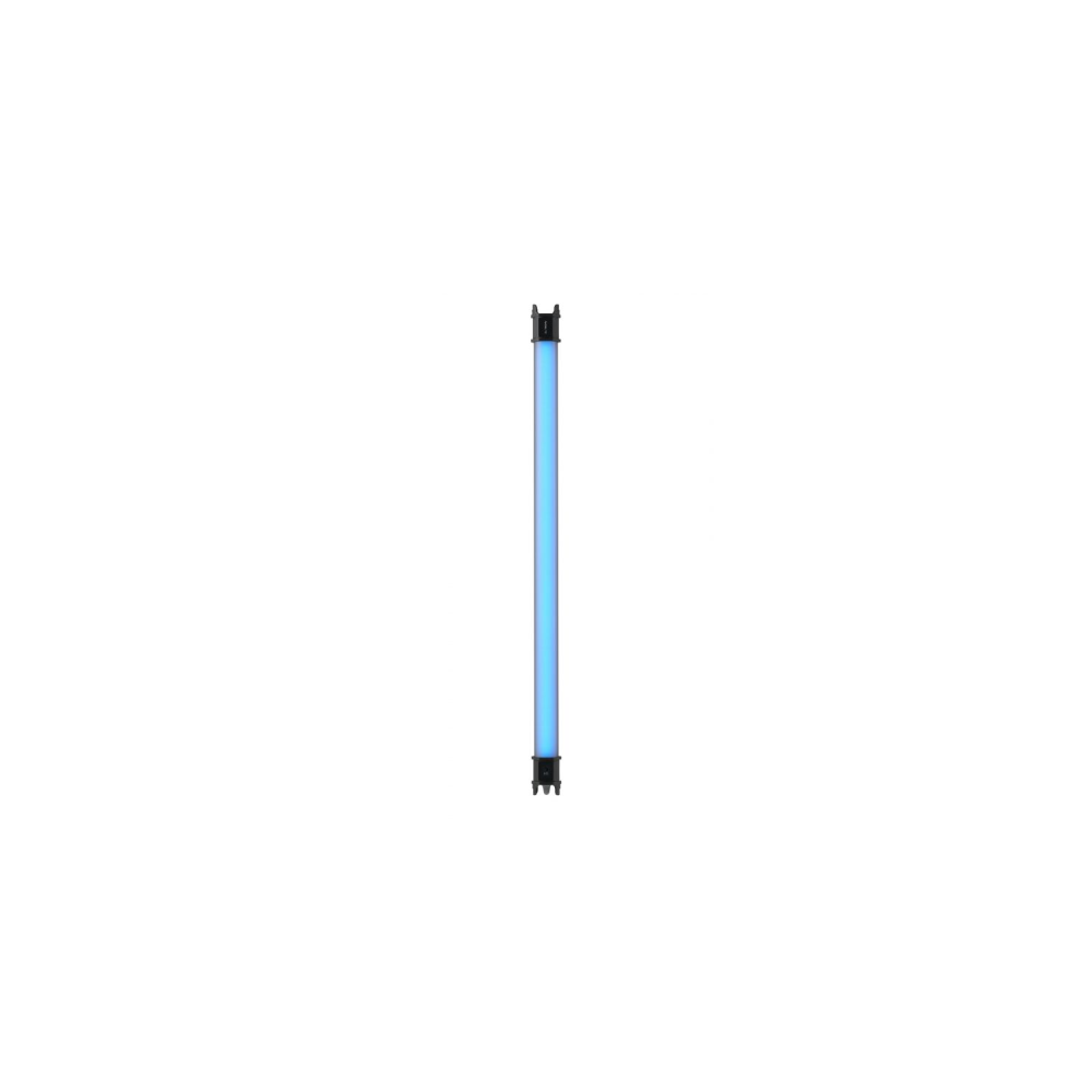Een blauwe LED-buislamp met zwarte eindkappen op witte achtergrond.