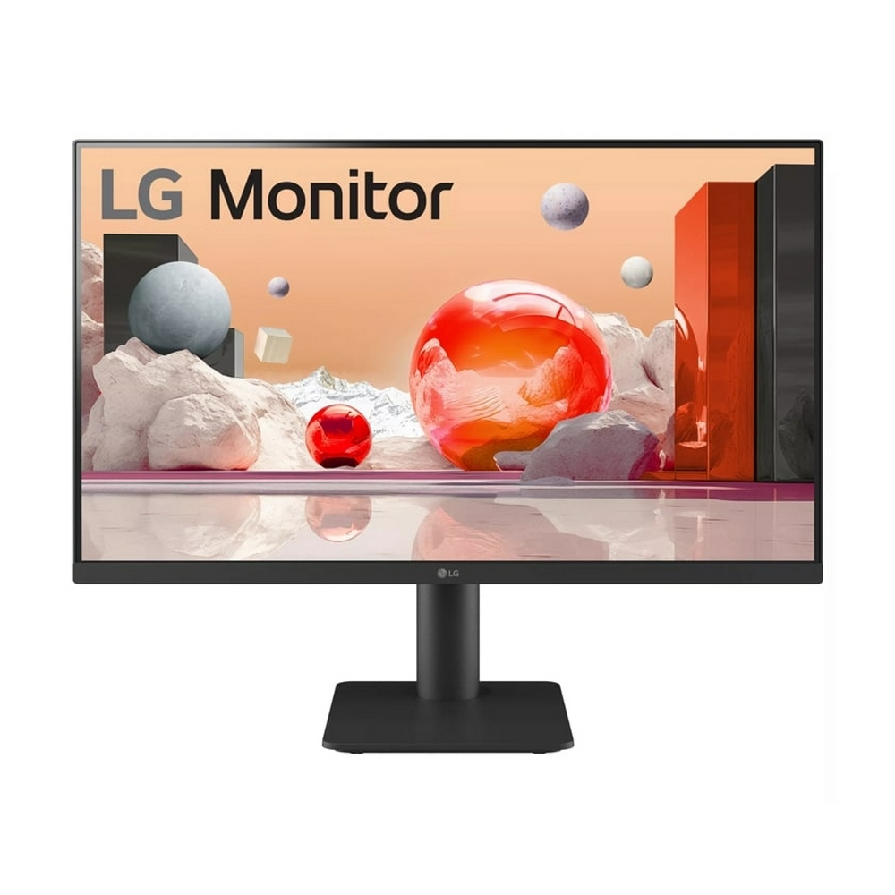 Monitor LG che mostra arte astratta con sfere e cubi.