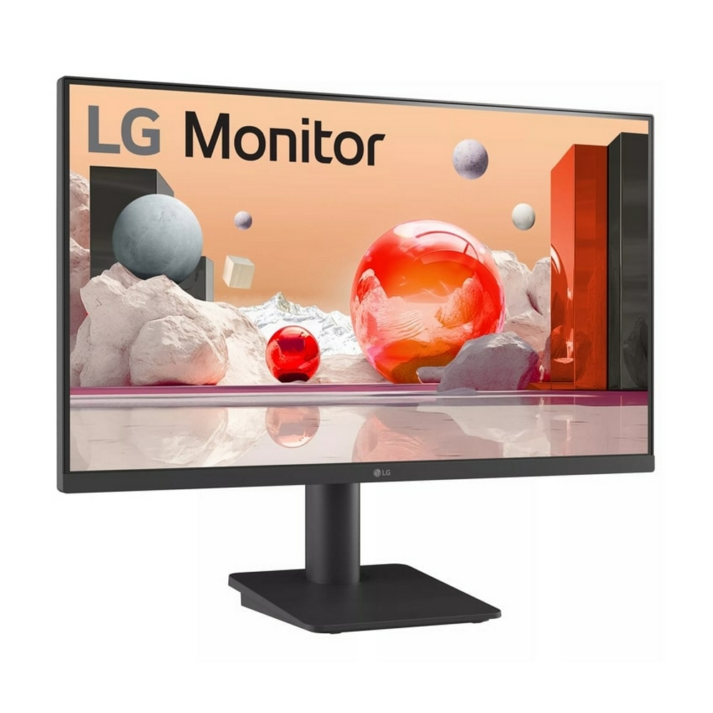 Un monitor LG con arte astratta: sfere rosse, rocce grigie, cubi.