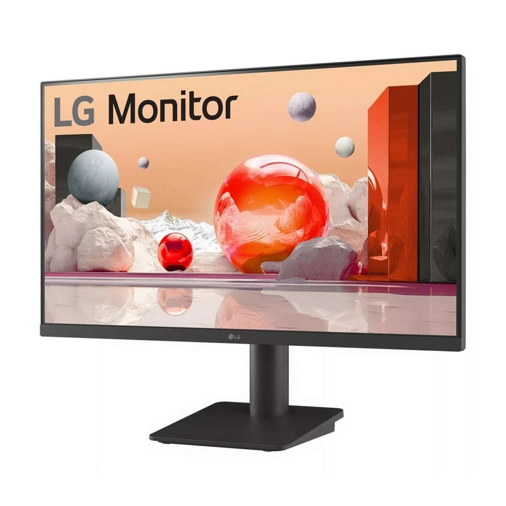 Monitor LG mostra arte astratta con sfere e forme geometriche.