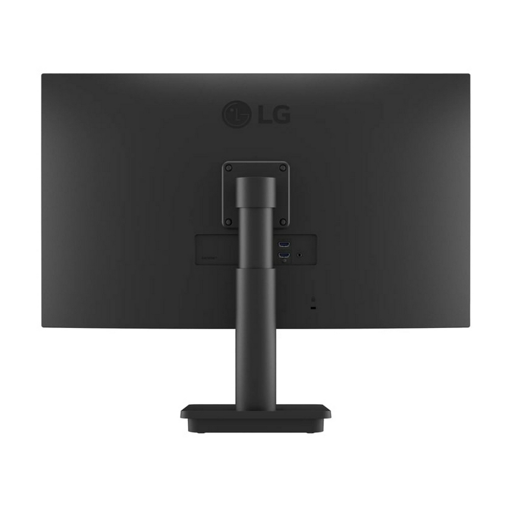 Vista posteriore di un monitor LG nero con supporto e porte.