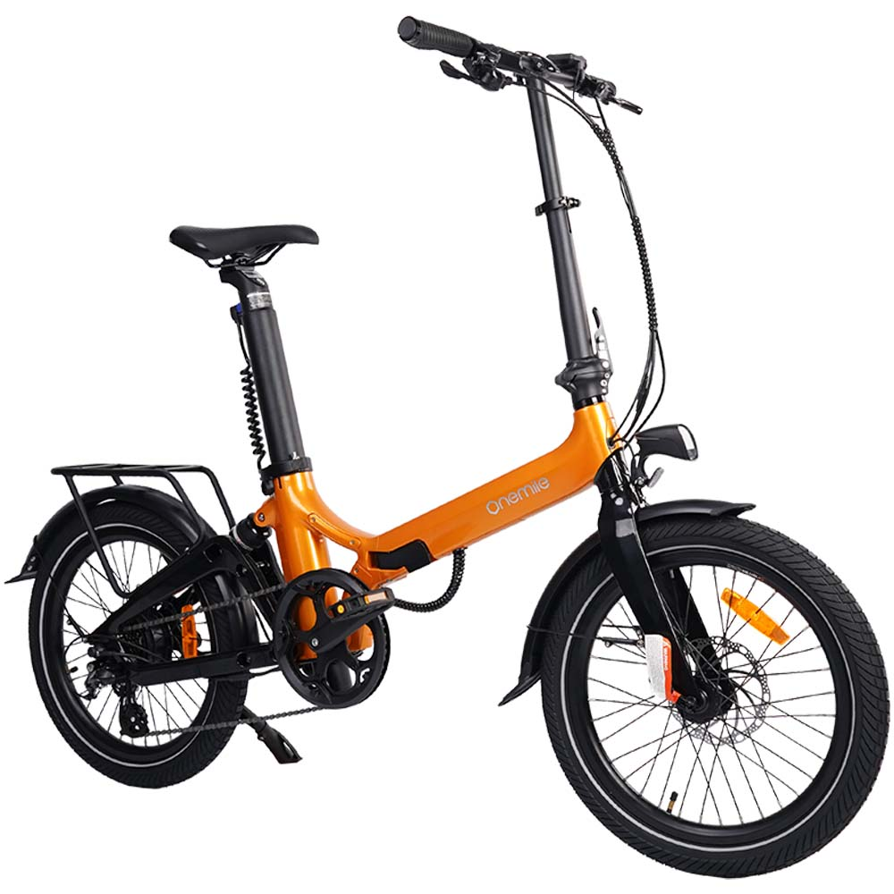 Una e-bike pieghevole arancione con portapacchi e telaio nero.