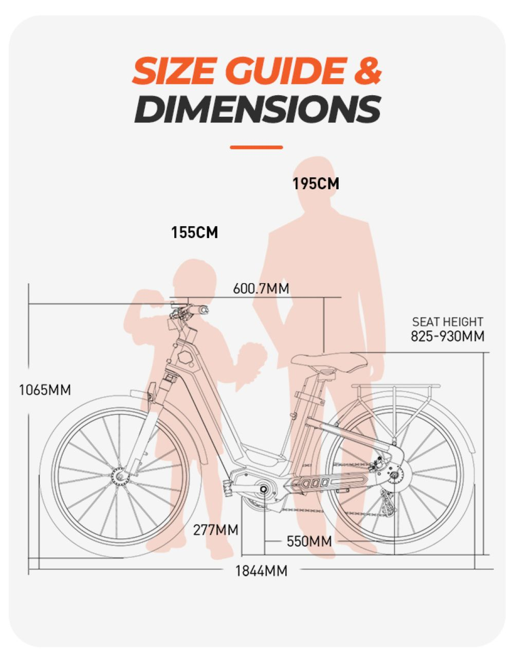 Guida alle taglie che mostra le dimensioni della bicicletta e le silhouette di 155cm e 195cm.