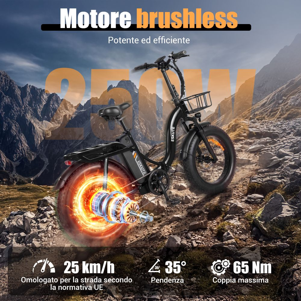 E-bike nera con gomme larghe davanti a montagne, mostra motore e specifiche prestazioni.