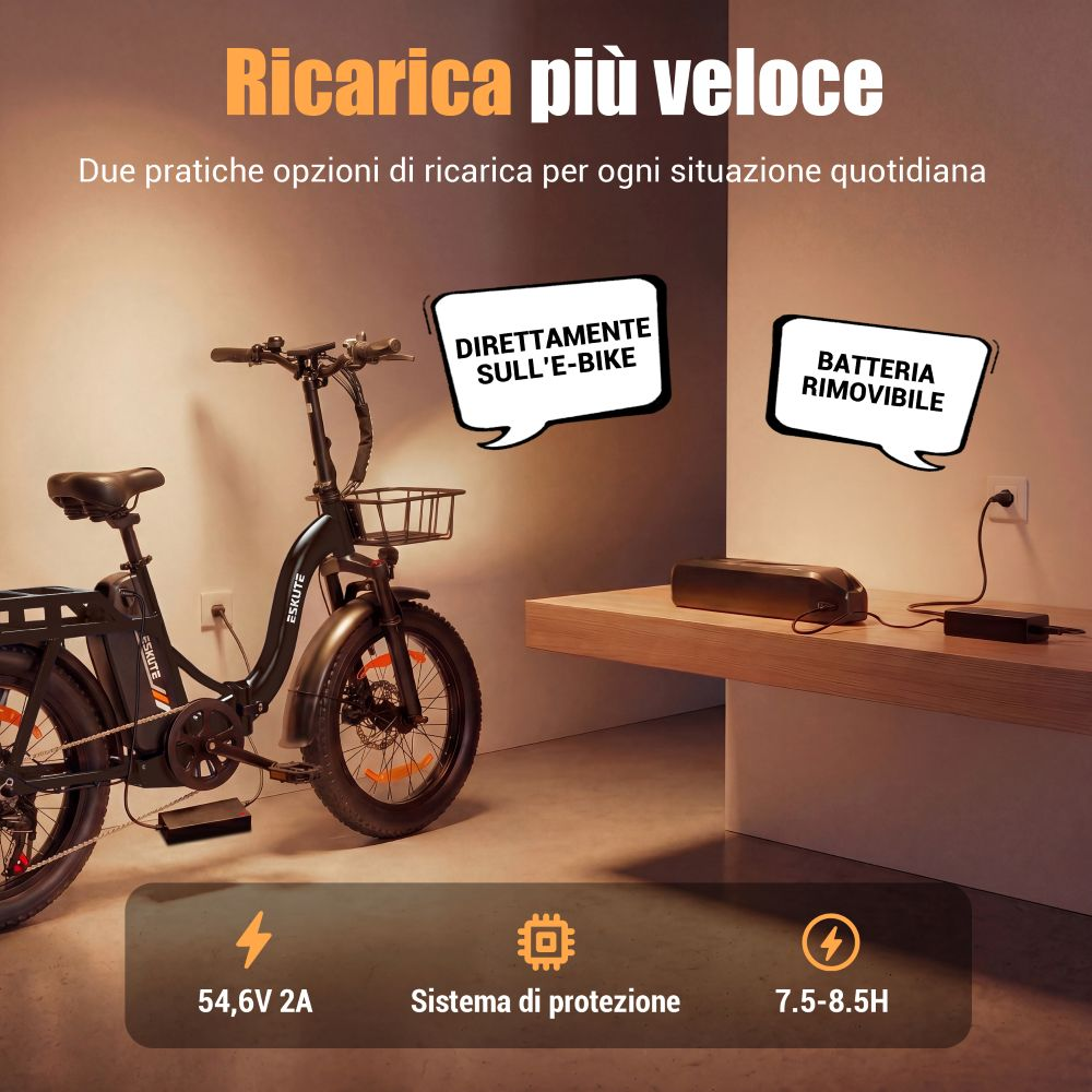 E-bike nera con opzioni di ricarica: diretta sulla bici o batteria rimovibile.