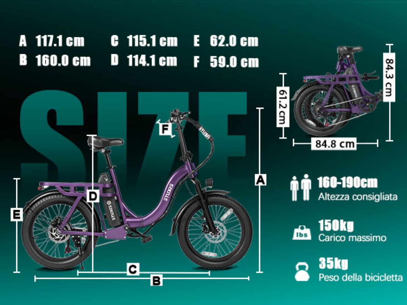 Bicicletta elettrica viola con dimensioni e specifiche.