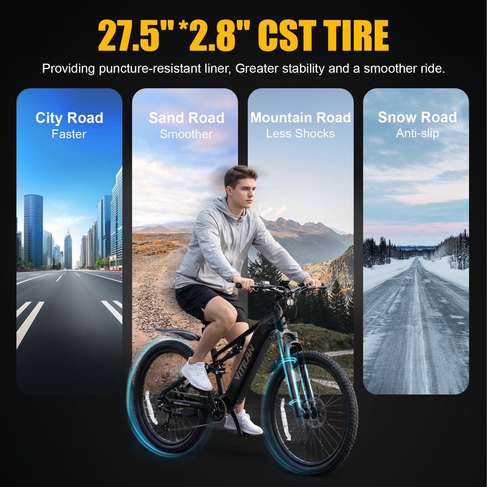 Hombre en bicicleta con 4 paisajes: ciudad, arena, montaña, nieve.