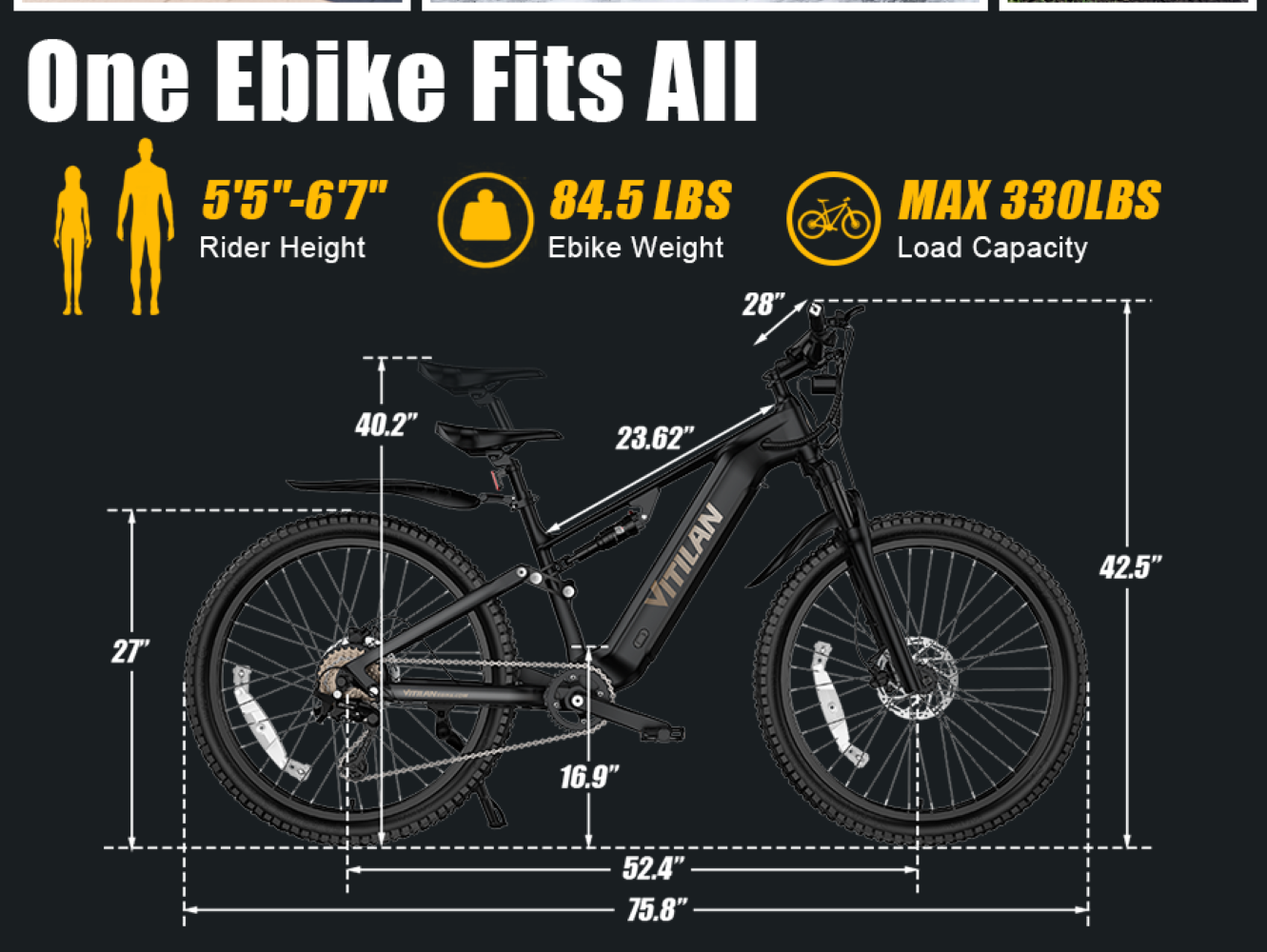 Ilustración de una e-bike negra con dimensiones y especificaciones: altura ciclista 152-200 cm, peso 38 kg, carga 149 kg.