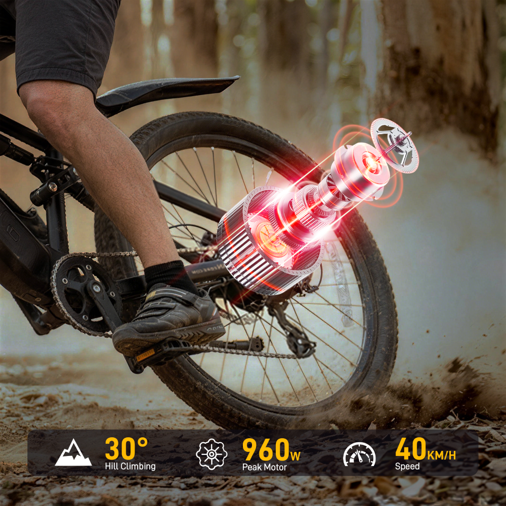 Motor de bicicleta eléctrica: 960W potencia pico, 30° subida, 40 km/h.