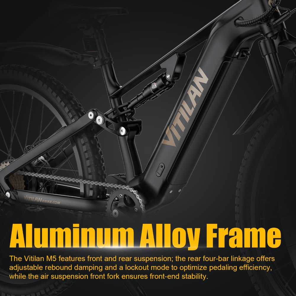Bicicleta de montaña eléctrica Vitilan M5 negra con cuadro de aleación de aluminio, suspensión delantera y trasera.