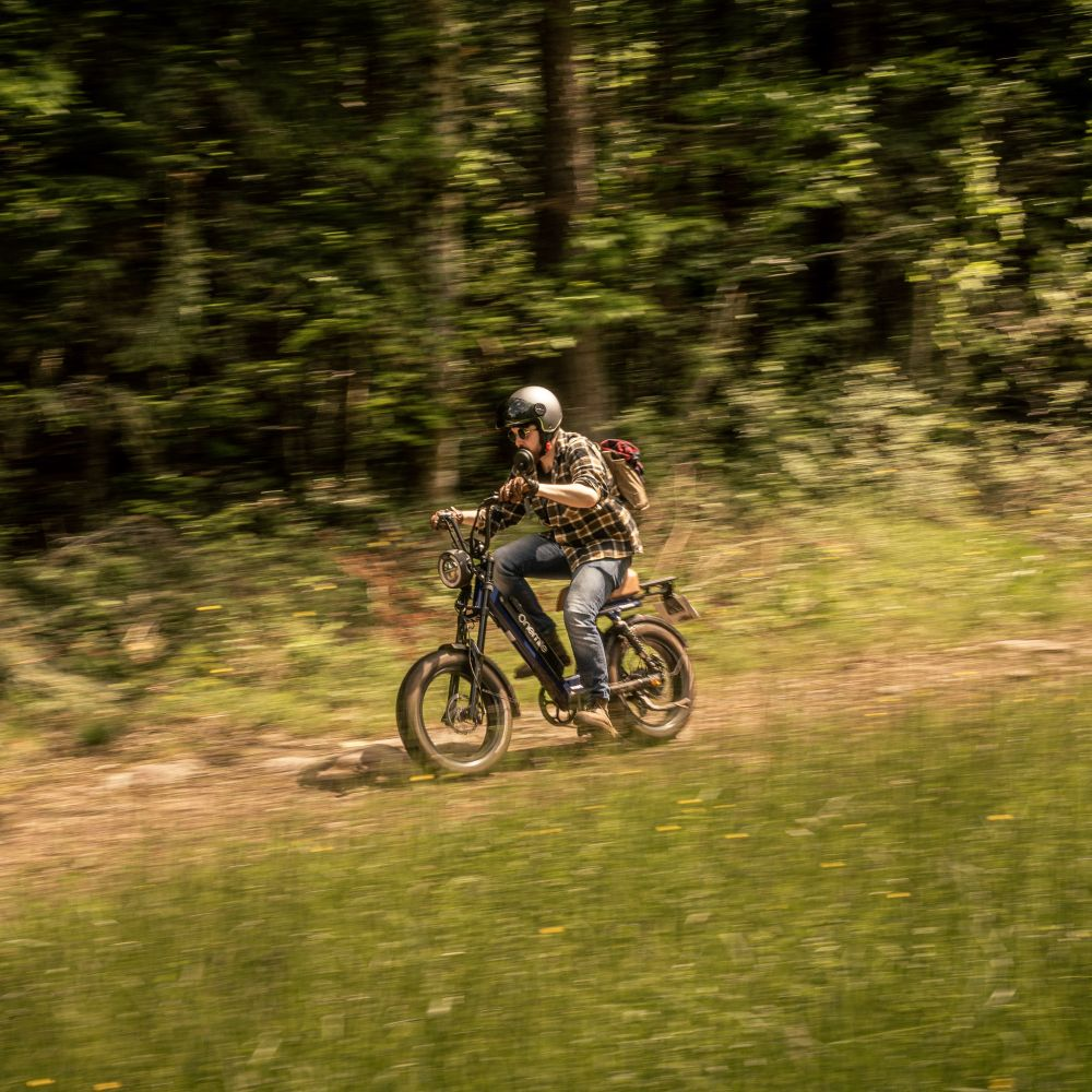 Uomo in camicia a quadri guida e-bike su sentiero forestale sfocato.