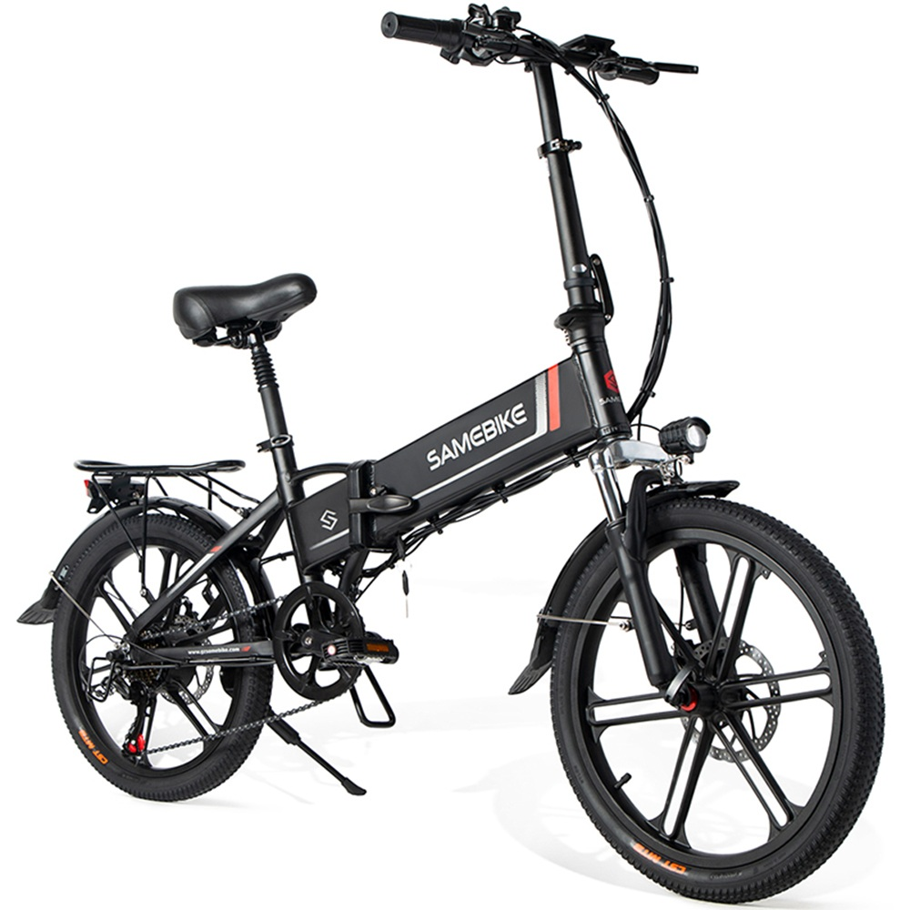 Bicicleta eléctrica plegable negra con manillar y portaequipajes plateados.