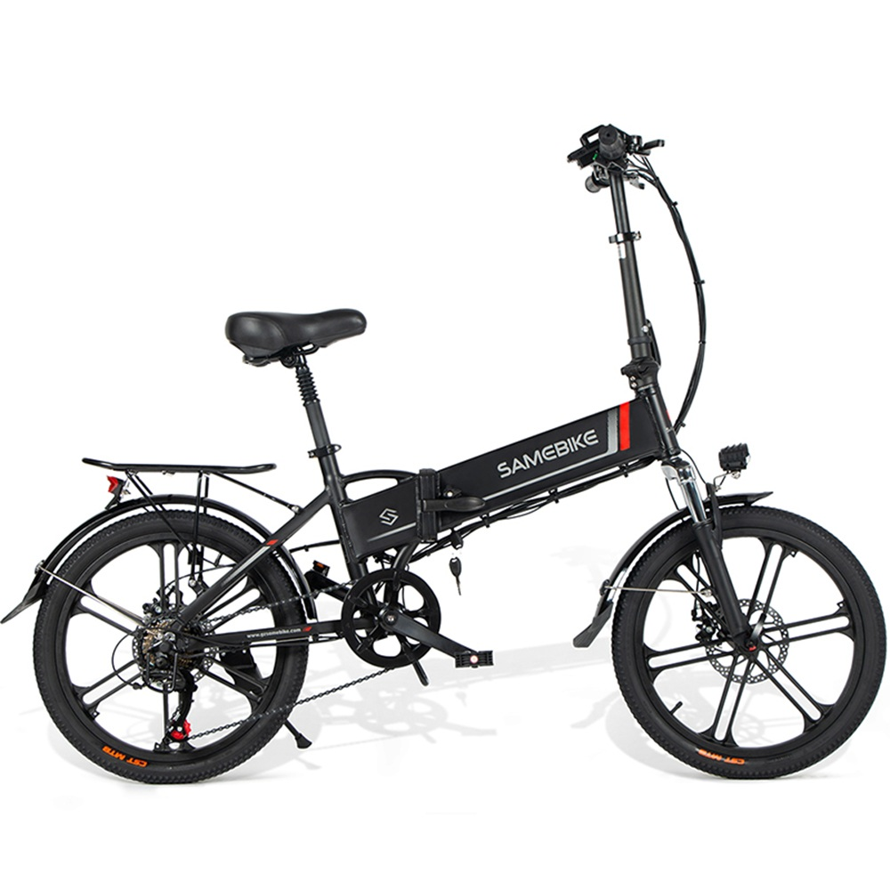 Bicicleta eléctrica plegable negra con detalles plateados, sobre fondo blanco.