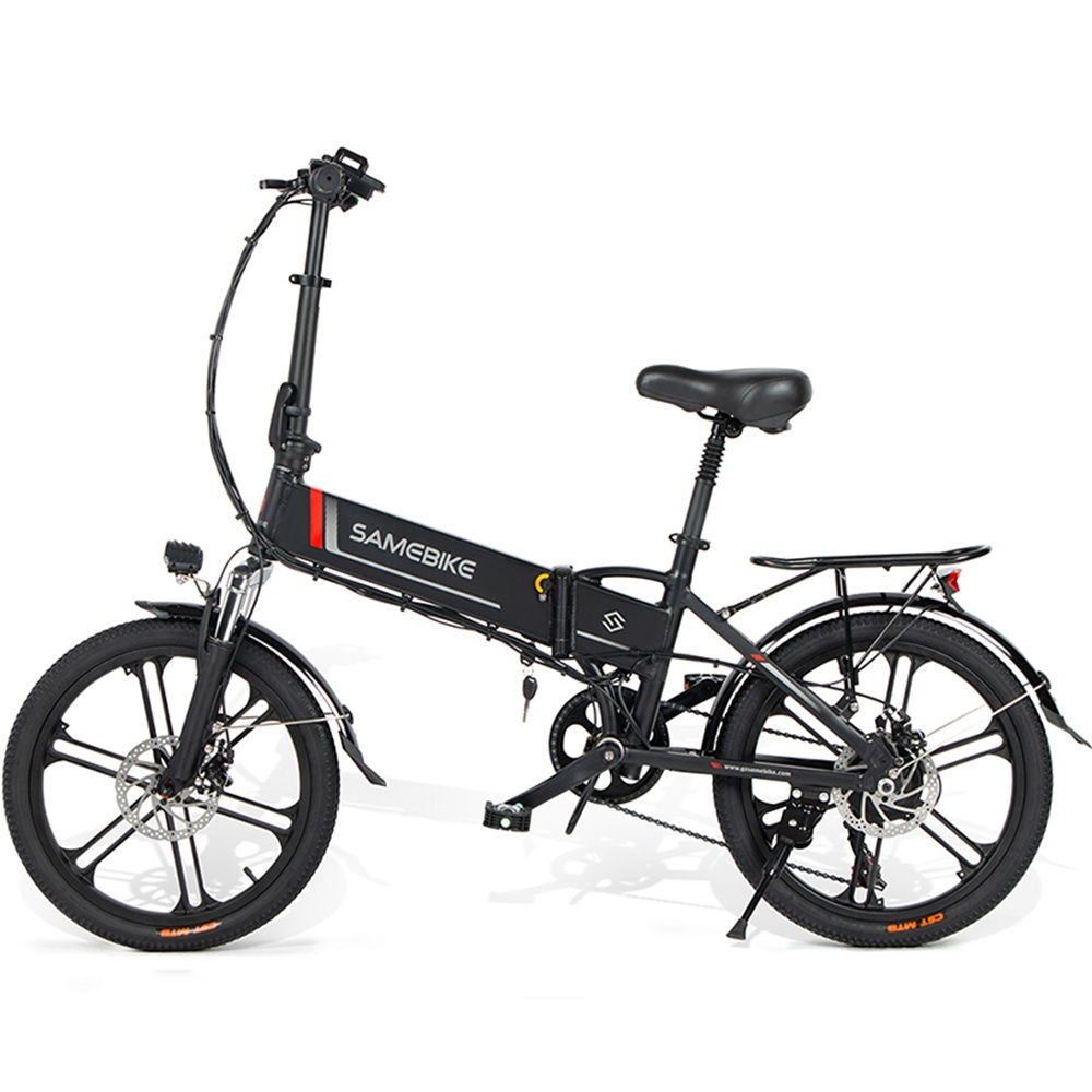 Una bicicleta eléctrica plegable negra con frenos de disco, asiento negro y portaequipajes.