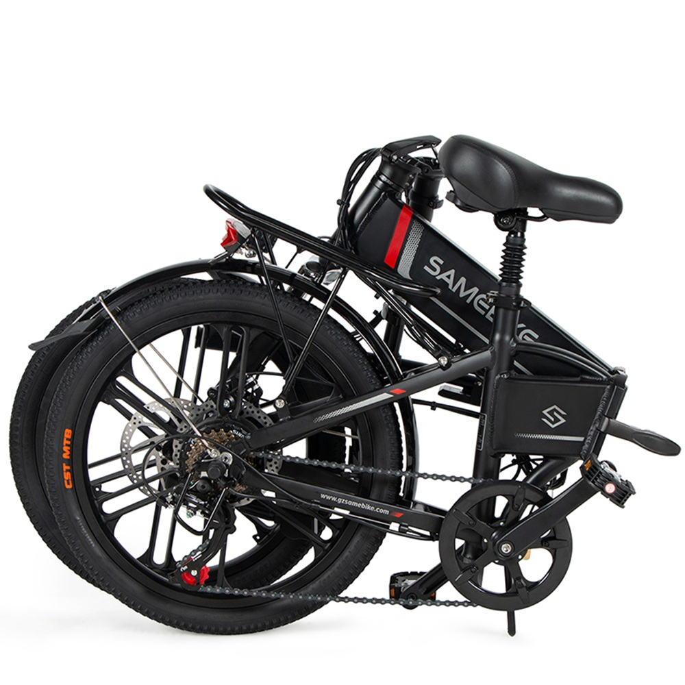 Una bicicleta eléctrica negra plegada con frenos de disco y portaequipajes.