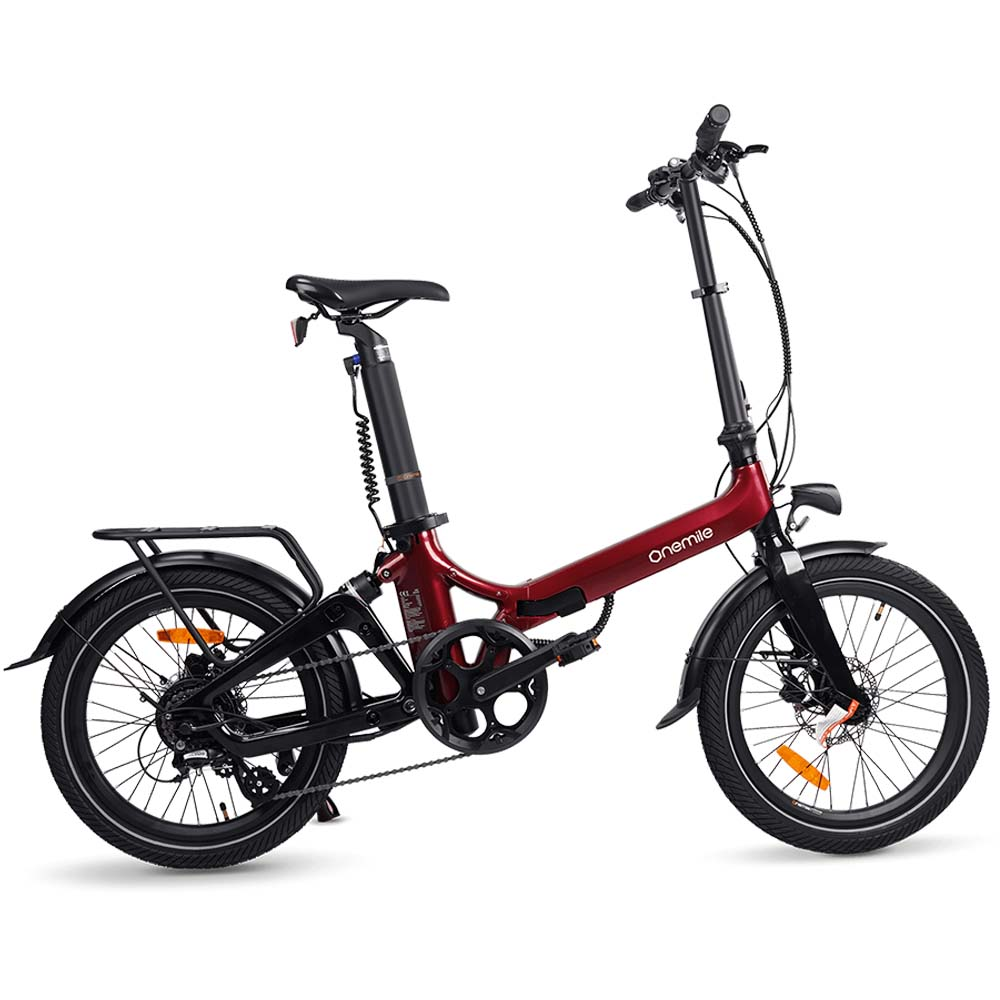 Una bicicletta elettrica pieghevole rossa con ruote, sella e manubrio neri.