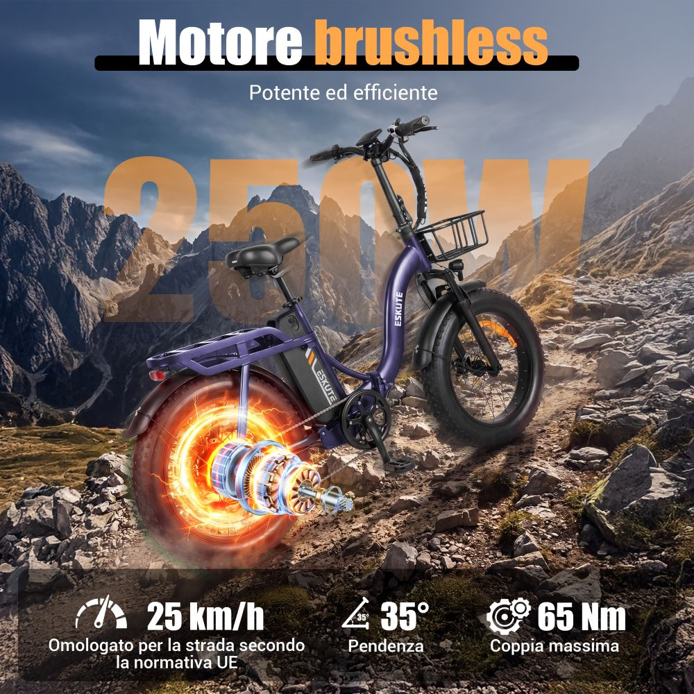 E-bike viola con motore 250W, cestino, su terreno roccioso. 25 km/h, 35° pendenza, 65 Nm.