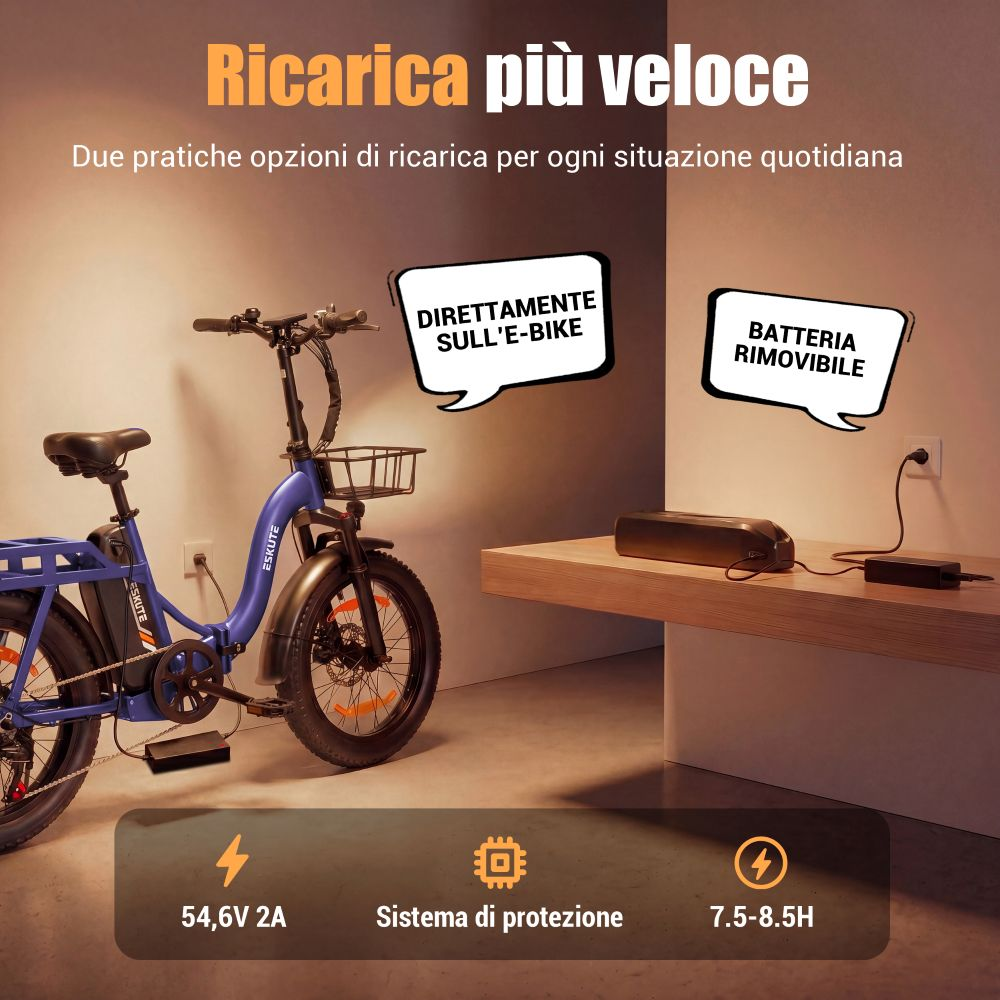 Bicicletta elettrica blu con cestino, cavo di ricarica e batteria rimovibile.